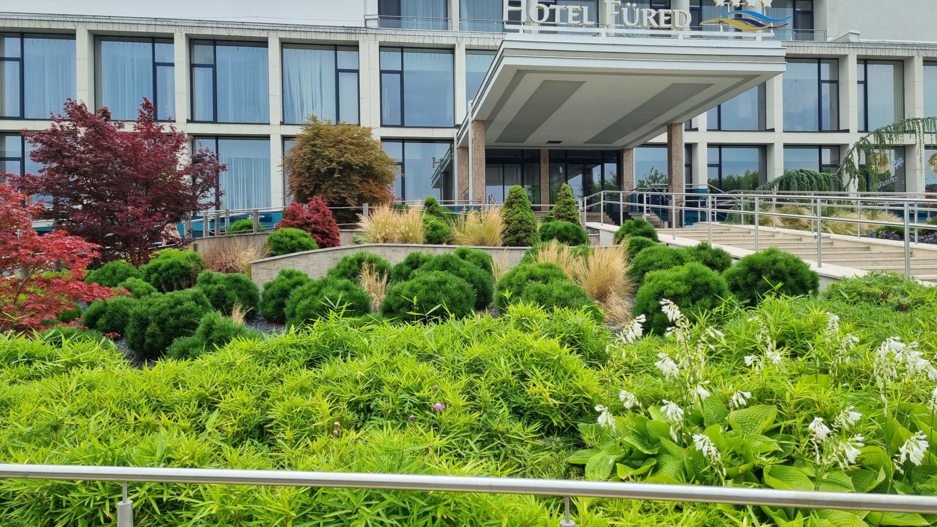 Hotel Füred fogadókertje japán juharokkal, törpefenyőkkel és árnyékliliomokkal – Balatonfüred